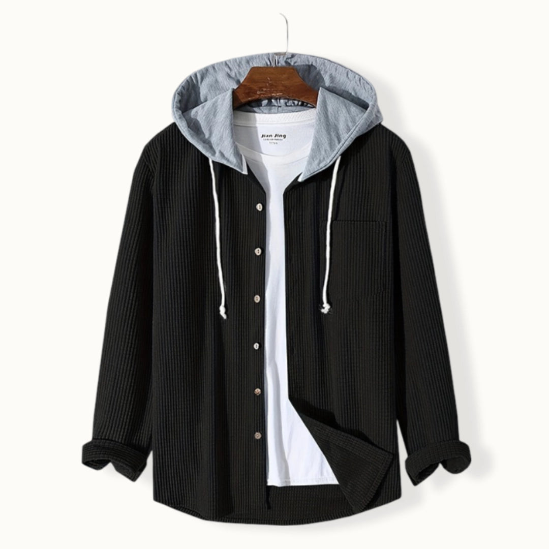 Men's Black Vertical Stripe Corduroy Shirt Jacket with Hood and Buttons
 - ModishWorld