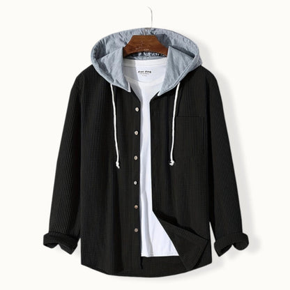 Men's Black Vertical Stripe Corduroy Shirt Jacket with Hood and Buttons
 - ModishWorld