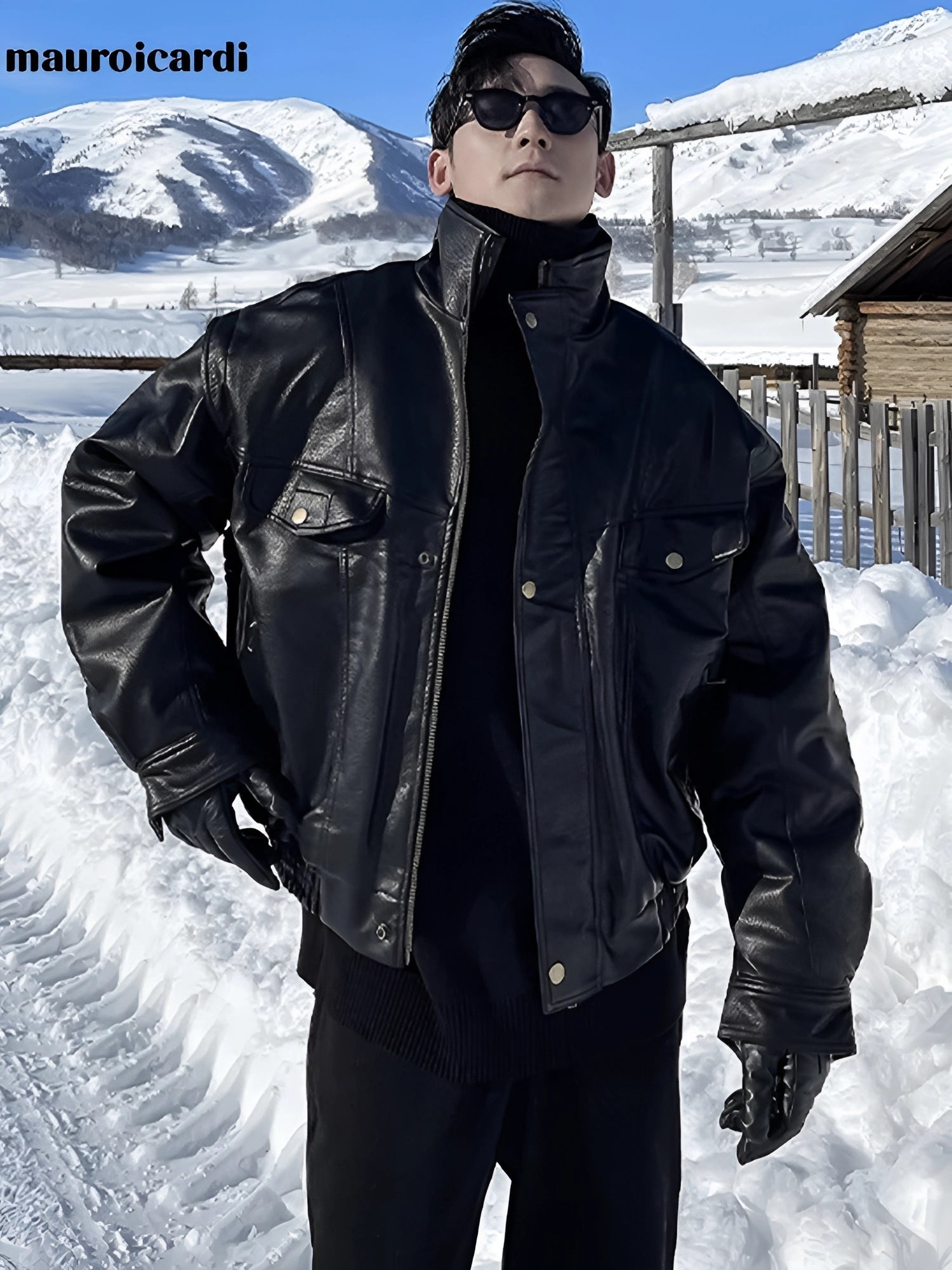 Winter Men's Black Leather Bomber Jacket with Snow Resistance and Insulation
 - ModishWorld