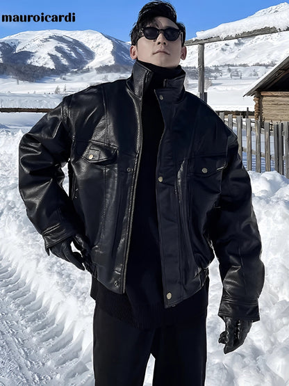 Winter Men's Black Leather Bomber Jacket with Snow Resistance and Insulation
 - ModishWorld