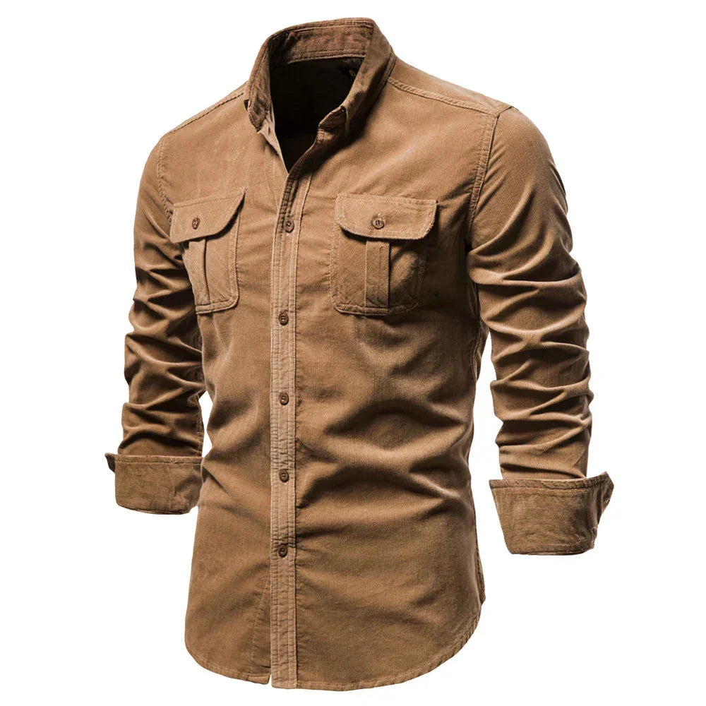 Slim Fit Men's Long Sleeve Khaki Cotton Shirt in Military Safari Style
 - ModishWorld