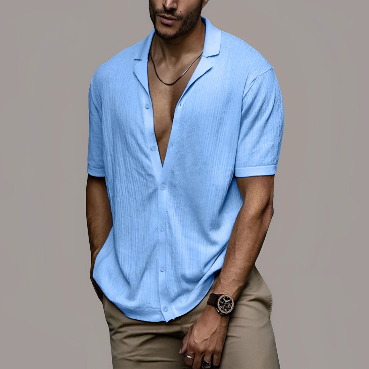 Half-Sleeve Light Blue Linen Casual Shirt for Men
 - ModishWorld