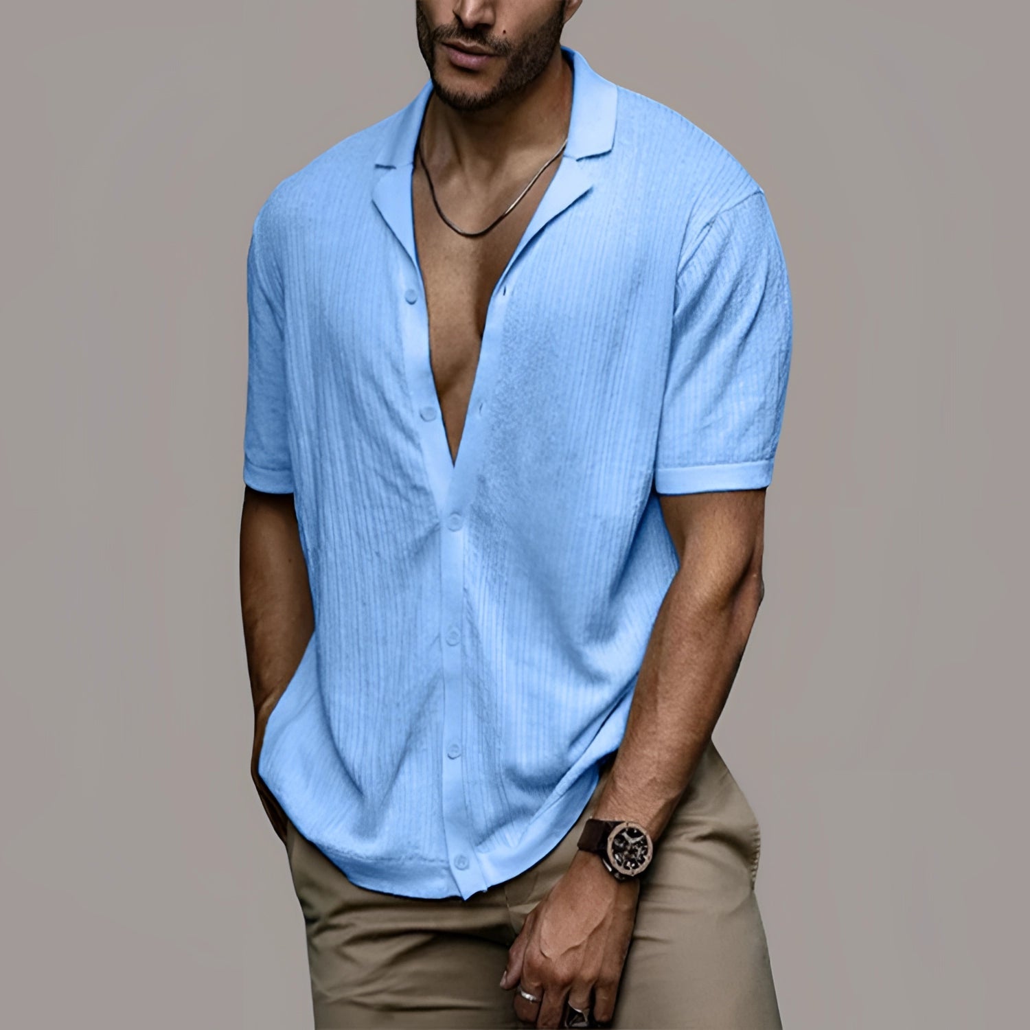 Half-Sleeve Light Blue Linen Casual Shirt for Men
 - ModishWorld