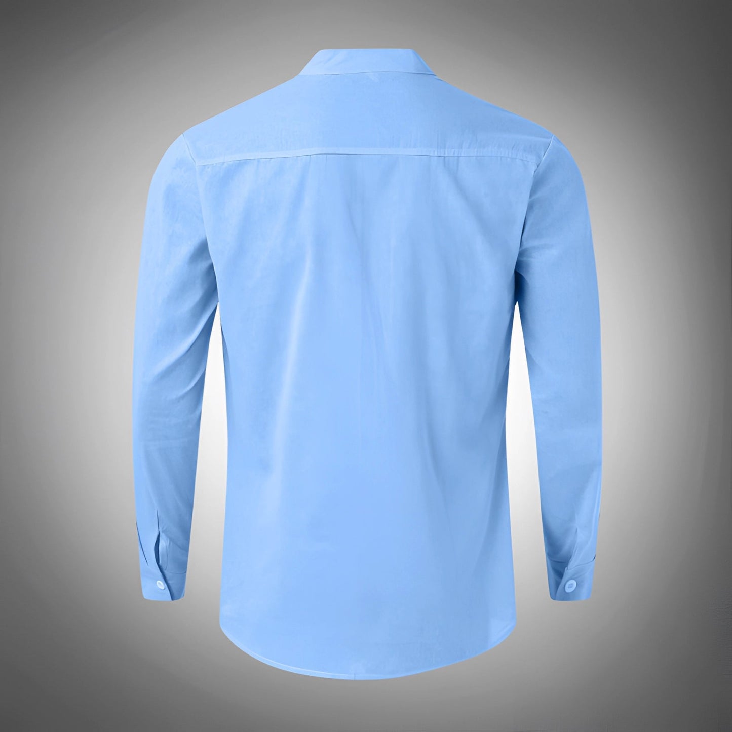 Slim-fitting light blue men's cotton Oxford dress shirt with button cuffs and no pocket.
 - ModishWorld