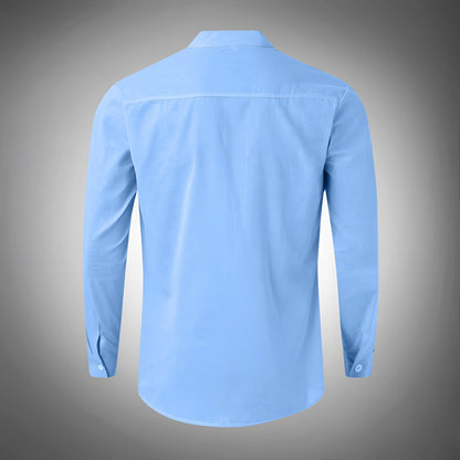 Slim-fitting light blue men's cotton Oxford dress shirt with button cuffs and no pocket.
 - ModishWorld