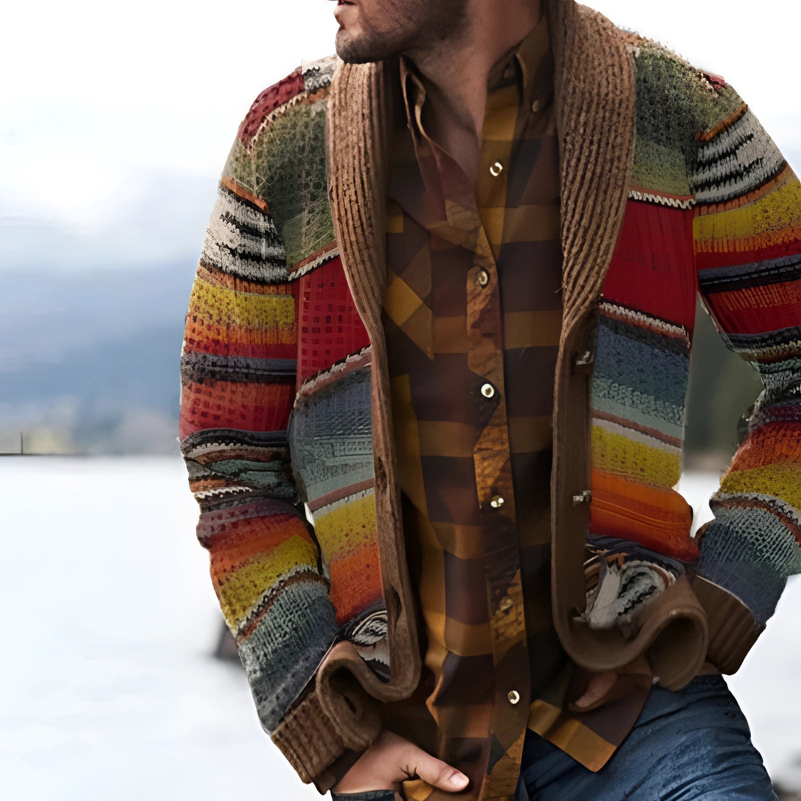 Heavyweight Men's Shawl Collar Cardigan with Multicolor Stripes for Autumn/Winter
 - ModishWorld