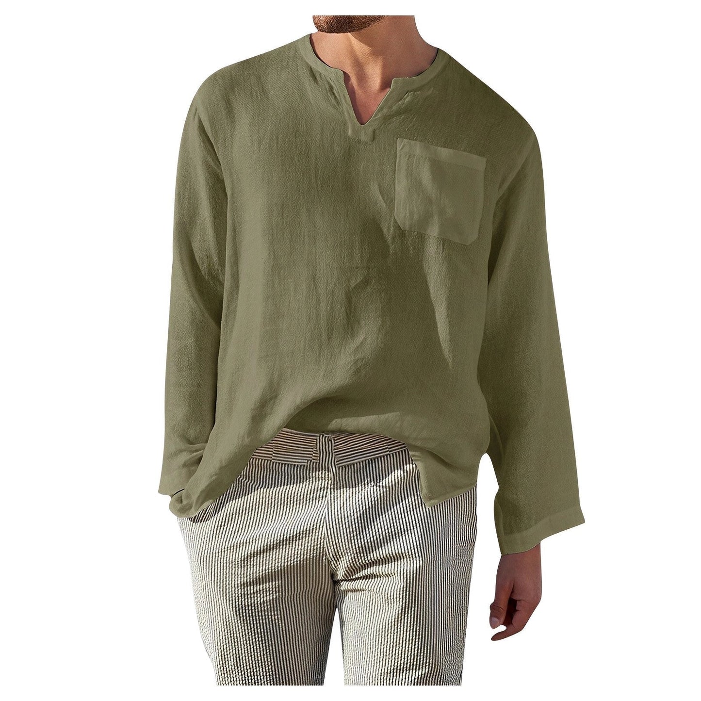 Lightweight & Breathable Men's Olive Green Linen V-Neck Summer Shirt
 - ModishWorld