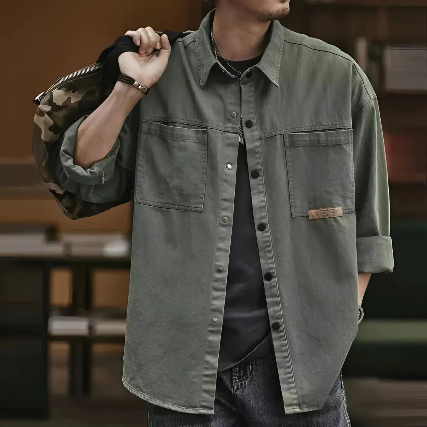 Lightweight Olive Green Cotton Military Overshirt for Men
 - ModishWorld