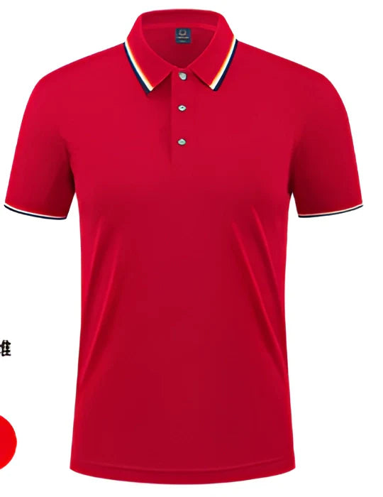 Sporty Summer Men's Polo Shirt in Red Cotton, Featuring a Tri-Color Collar
 - ModishWorld