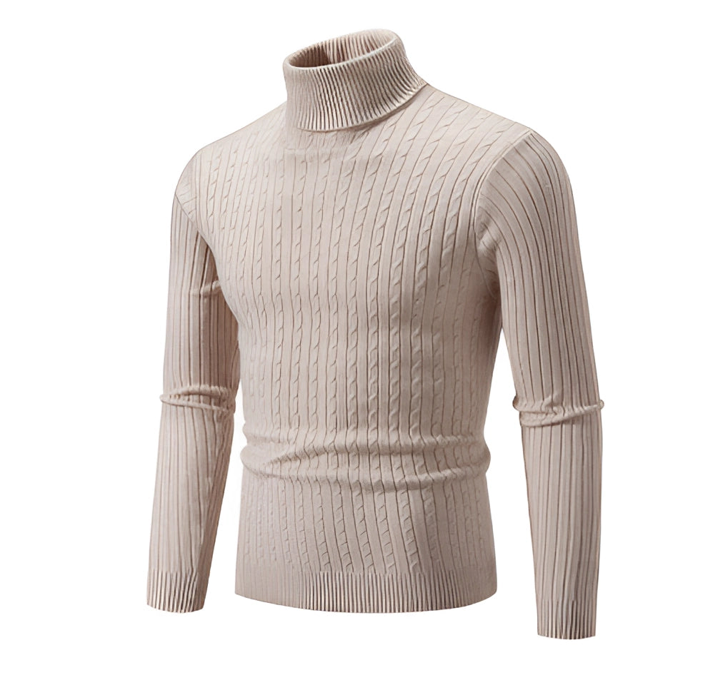 Beige Ribbed Knit Slim-Fit Turtleneck Sweater for Men
 - ModishWorld