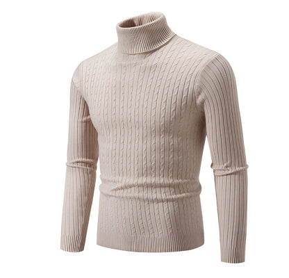 Beige Ribbed Knit Slim-Fit Turtleneck Sweater for Men
 - ModishWorld