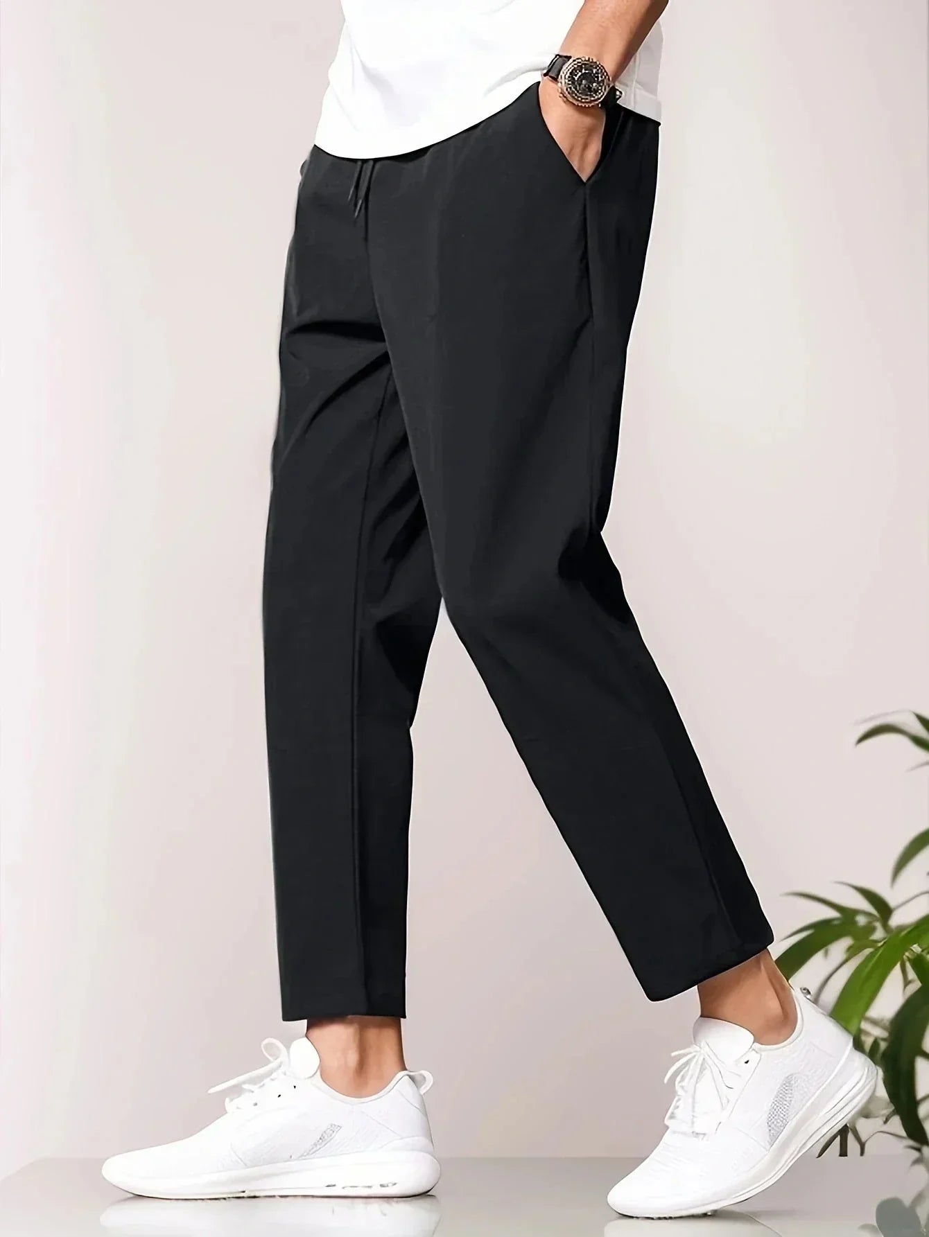 Black Men's Tapered Ankle Trousers with Elastic Waist, Slim Fit
 - ModishWorld