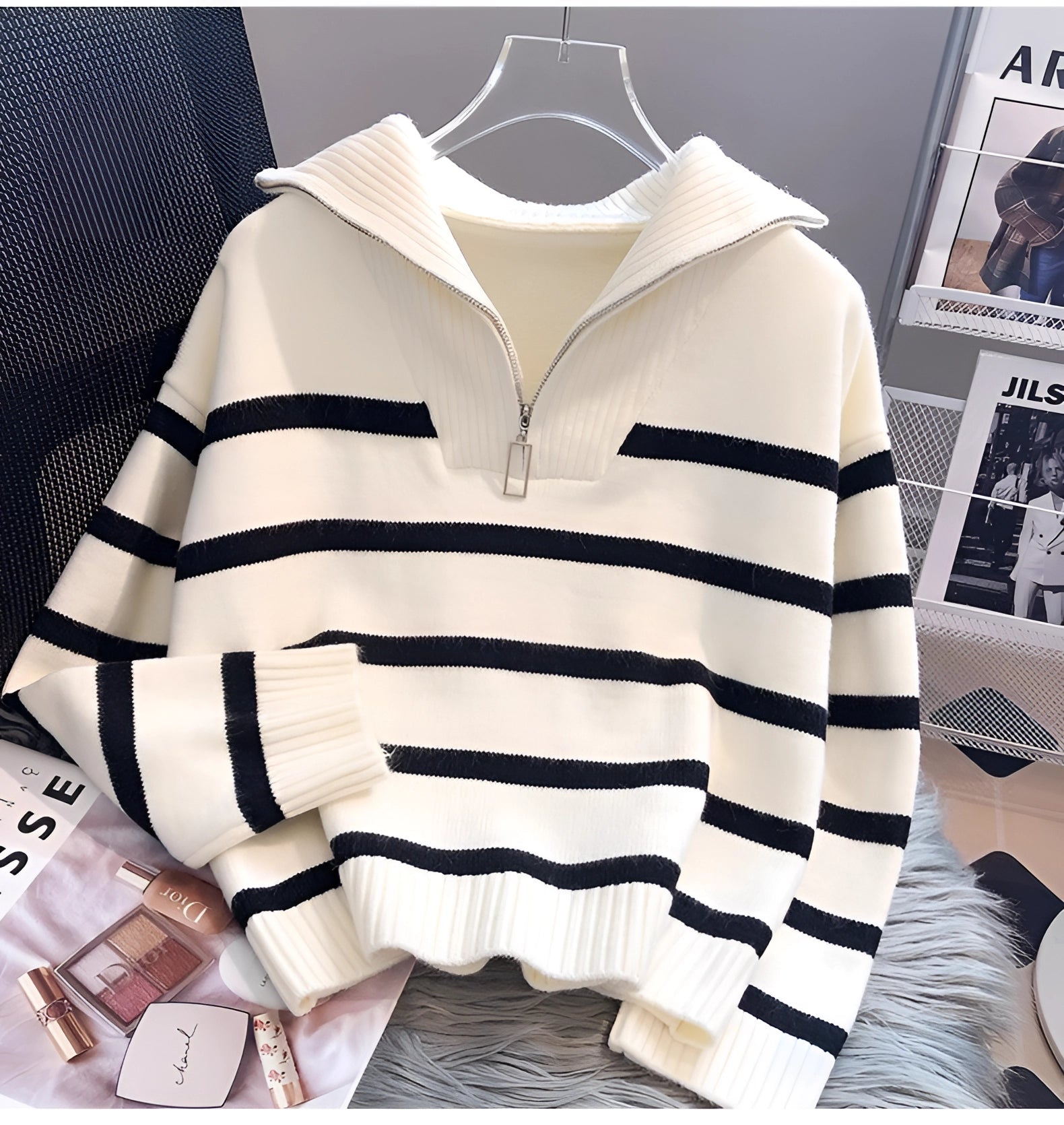 Black & White Striped Ribbed Knit Men's Quarter-Zip Sweater
 - ModishWorld