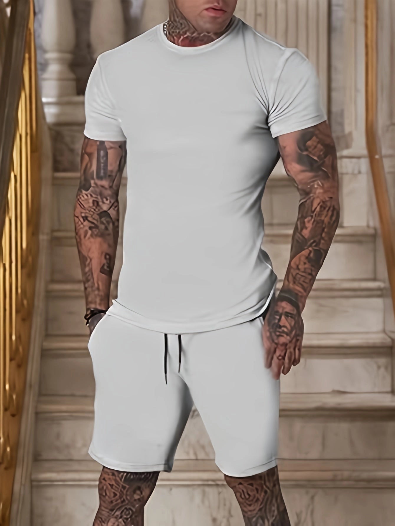 Athletic Slim Fit Set: Men's White Compression Shirt and Drawstring Shorts
 - ModishWorld