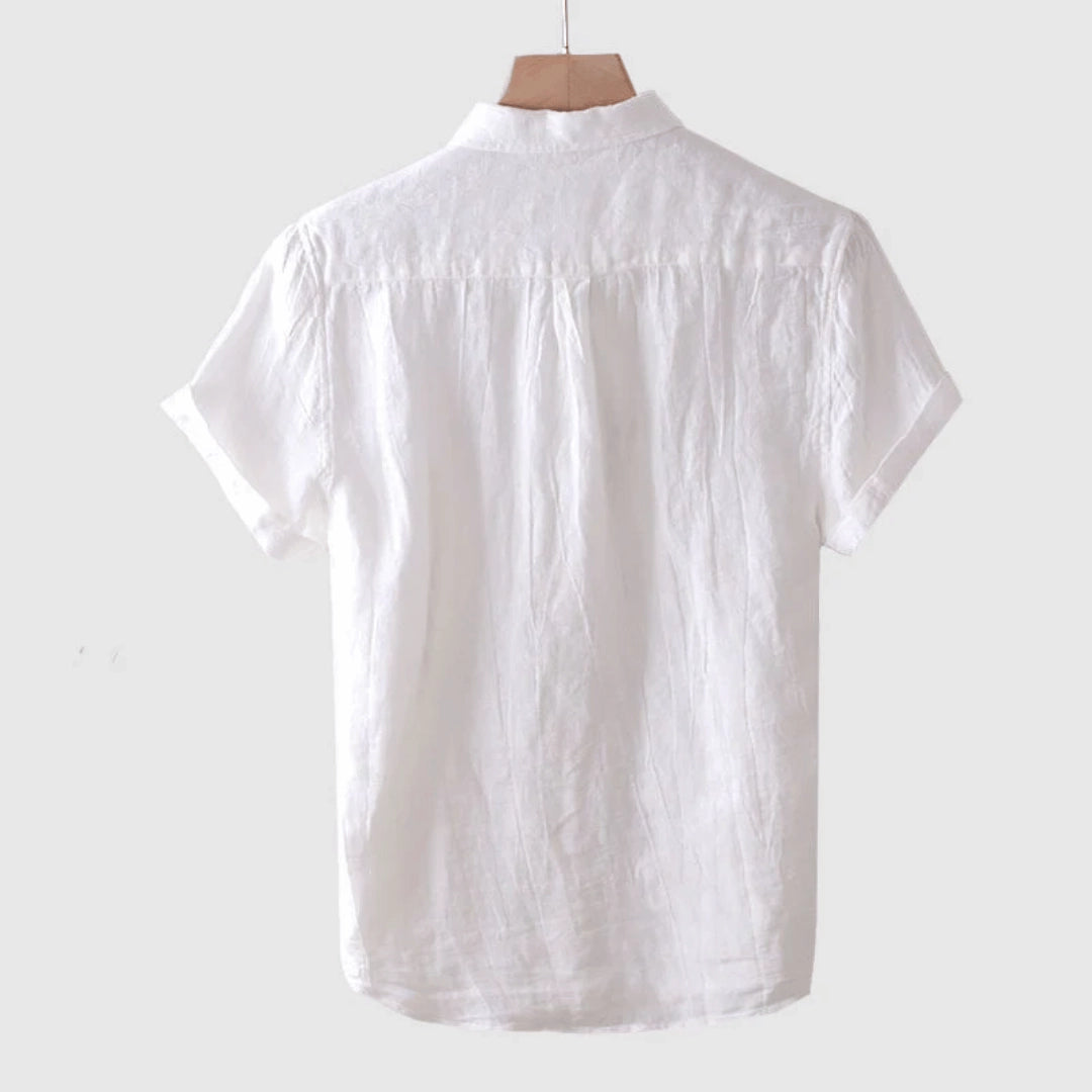 Casual Men's Short-Sleeve White Linen Shirt with Mandarin Collar
 - ModishWorld