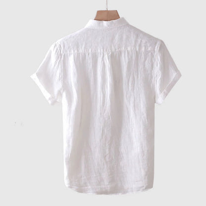 Casual Men's Short-Sleeve White Linen Shirt with Mandarin Collar
 - ModishWorld