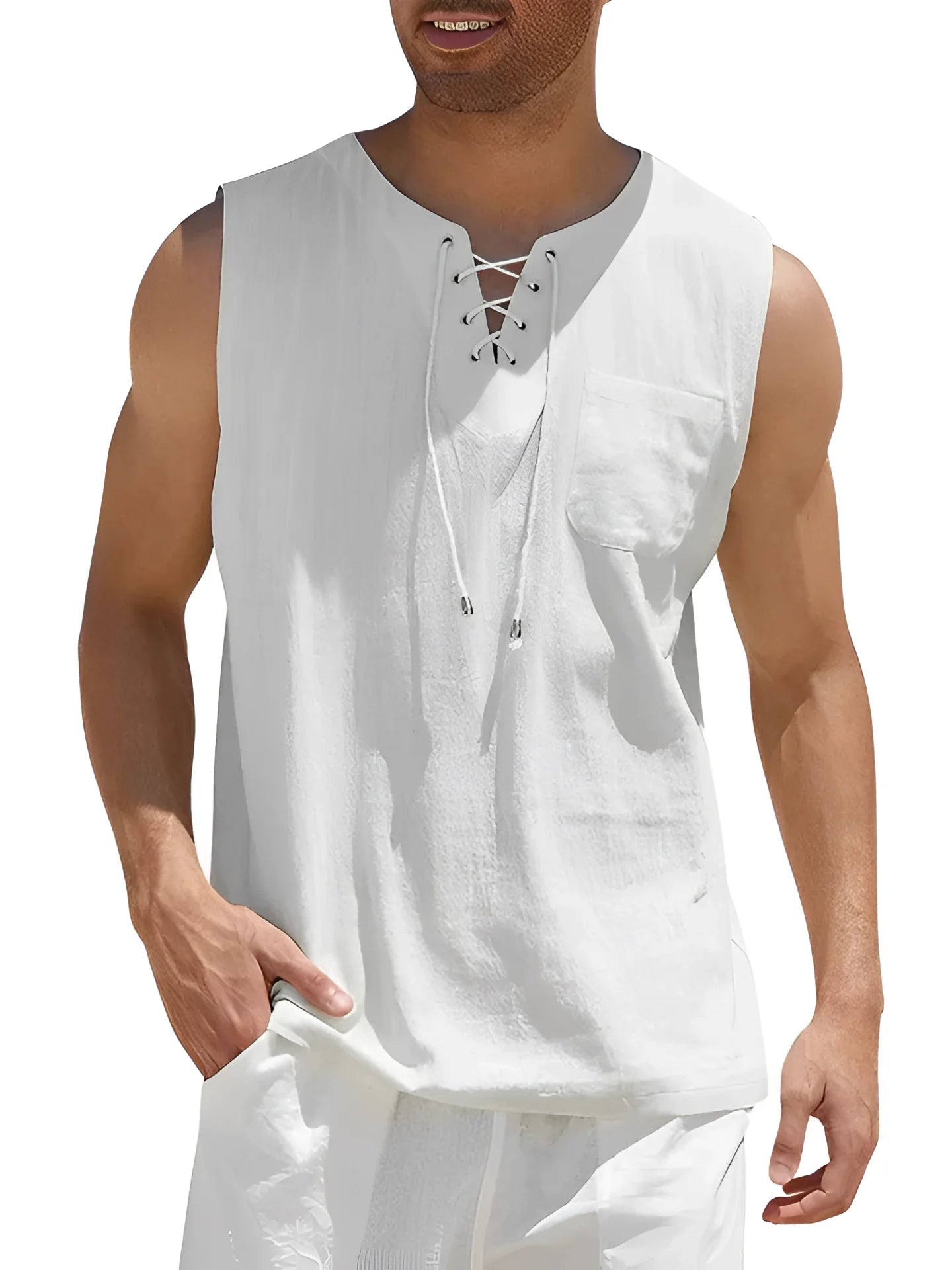 Breathable Men's White Linen Tank Top for Summer, with Lace-Up Neck
 - ModishWorld