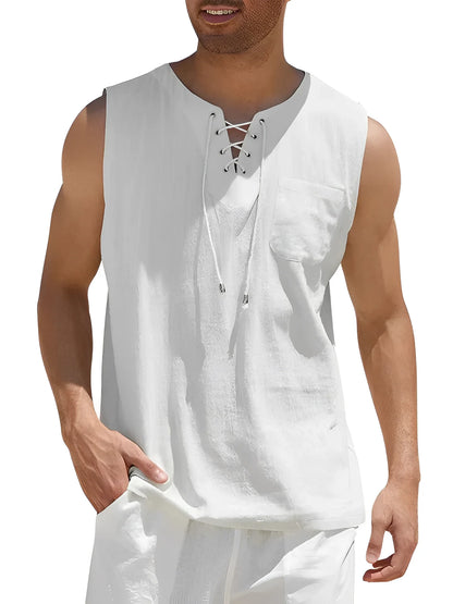 Breathable Men's White Linen Tank Top for Summer, with Lace-Up Neck
 - ModishWorld
