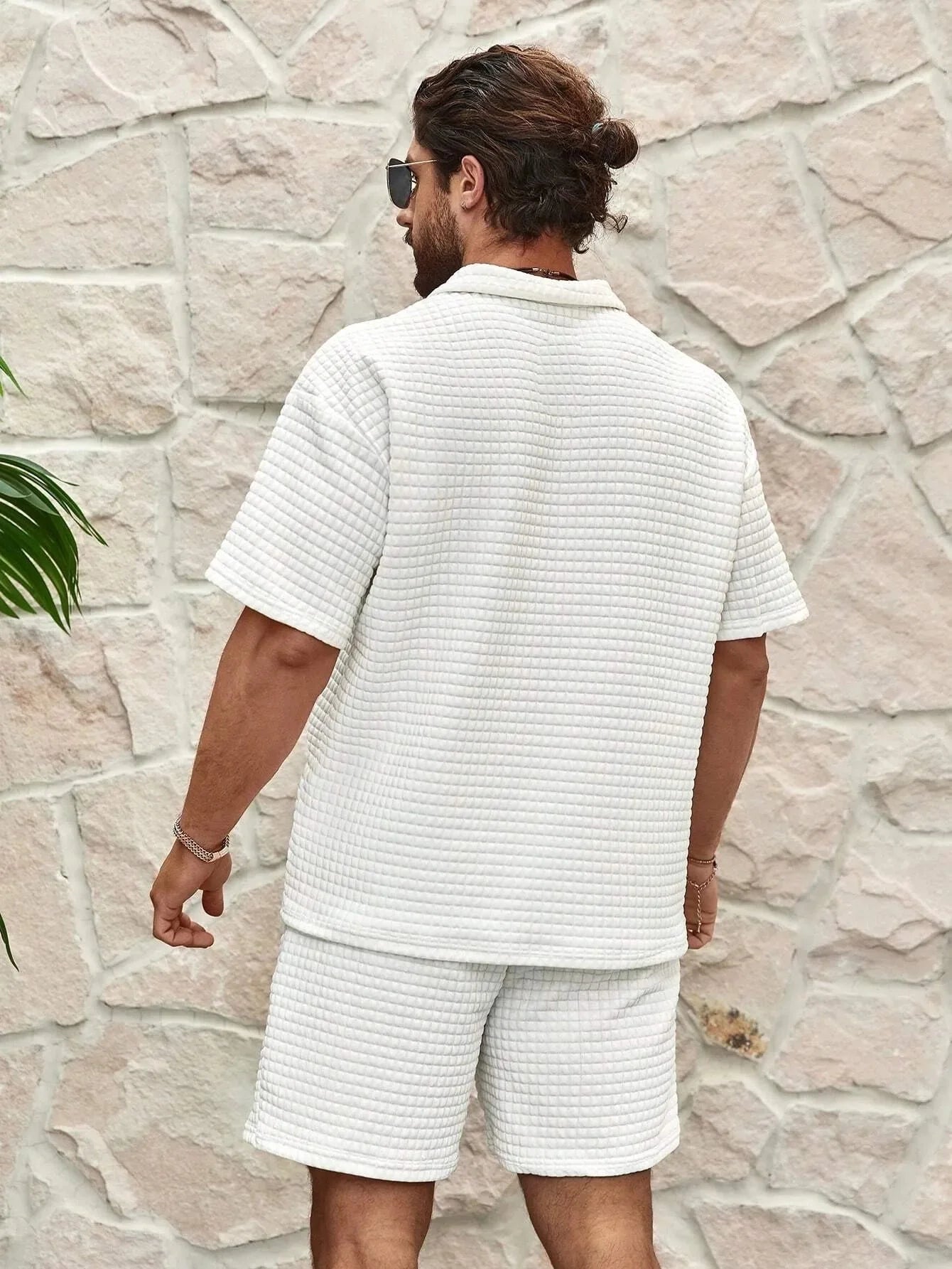 Casual Summer Men's Two-Piece Outfit: White Textured Shorts Set
 - ModishWorld