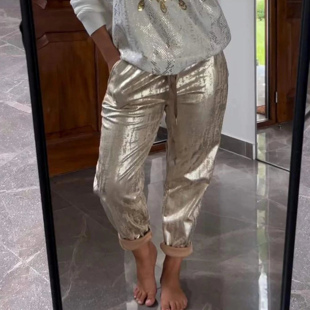 Women's Gold Velvet Party Pants - Festive Metallic Trousers
 - ModishWorld