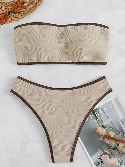 High-Cut, Strapless Beige Ribbed Bandeau Bikini: Minimalist Design
 - ModishWorld