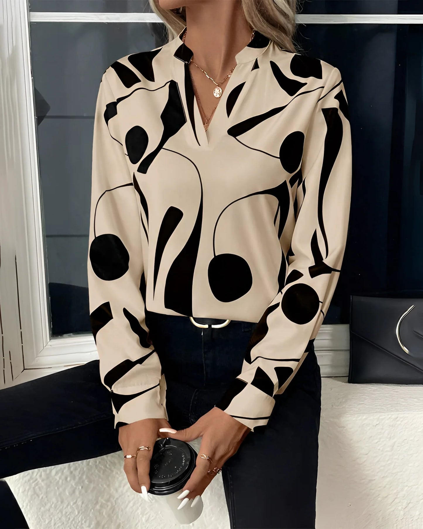 Stylish Black and Cream Geometric Blouse for Women - Modern Office Wear
 - ModishWorld