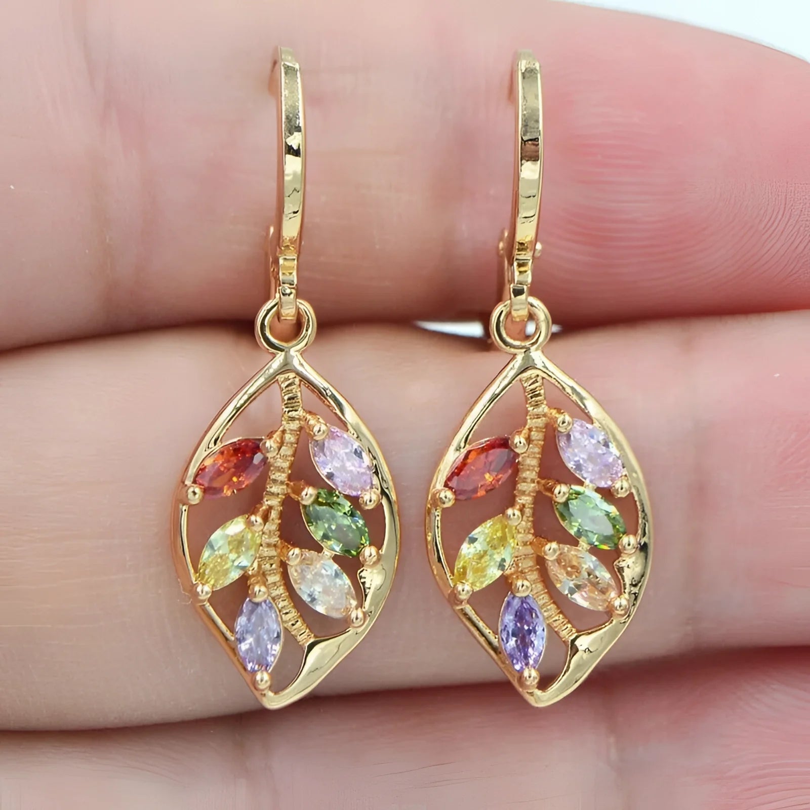 Gold Leaf Teardrop Earrings with Multicolor Gemstones
 - ModishWorld