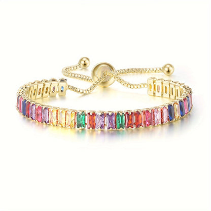 Adjustable Crystal Bangle Bracelet with Multicolor Gemstones in 14K Gold Plate
 - ModishWorld