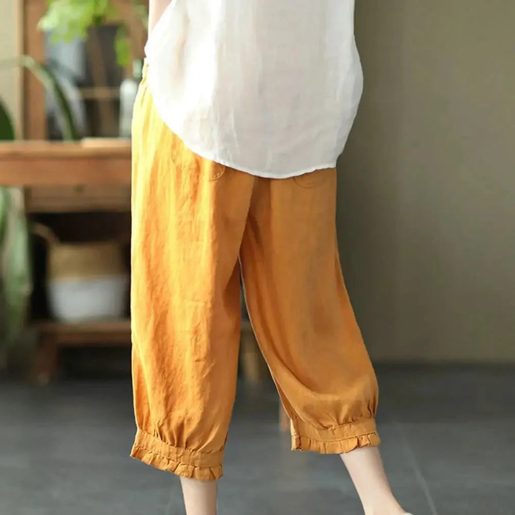 Bohemian Linen Cropped Harem Pants for Women in Mustard Yellow
 - ModishWorld
