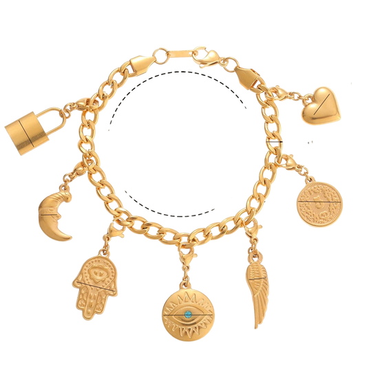 Boho Chic Charm Bracelet: Owl, Eye, and Feather Mystical Gold Pendants
 - ModishWorld