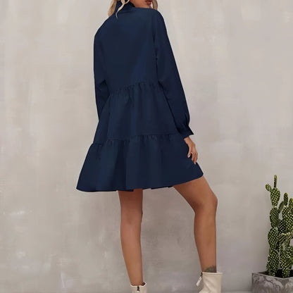 Autumn Mini Dress, Navy Blue, High Neck, Long Sleeves, Ruffled Hem
 - ModishWorld