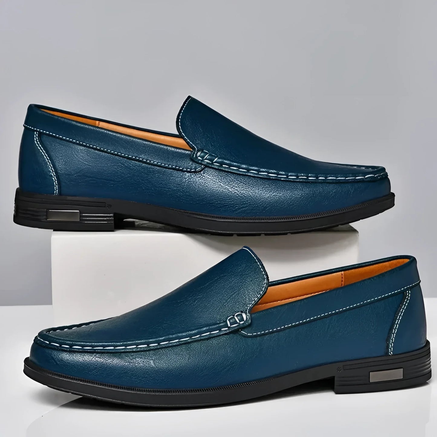 Stylish and Comfortable Navy Blue Leather Men's Slip-On Dress Loafers
 - ModishWorld