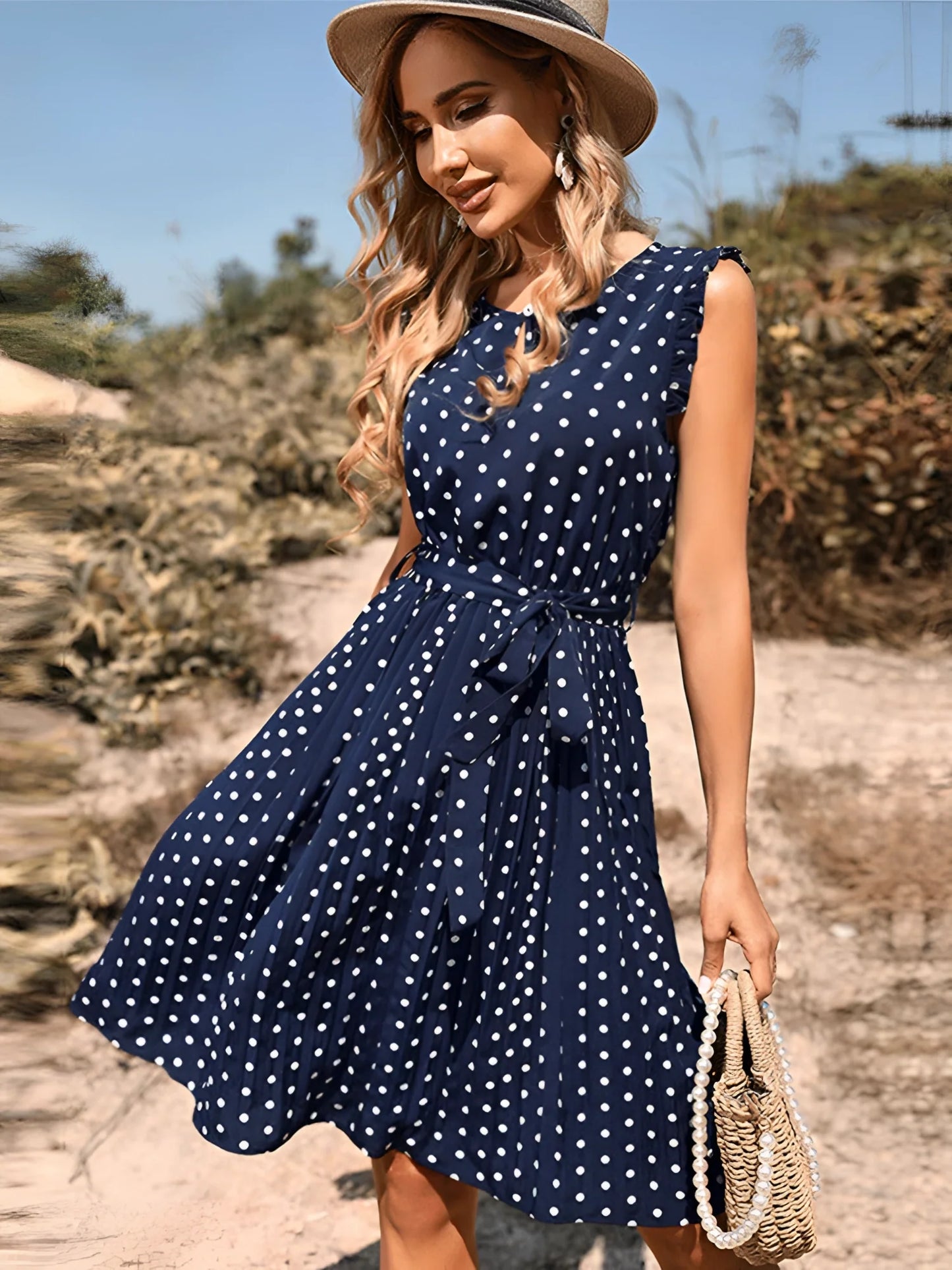 Sleeveless A-Line Summer Dress in Navy Blue Polka Dot with Belt
 - ModishWorld