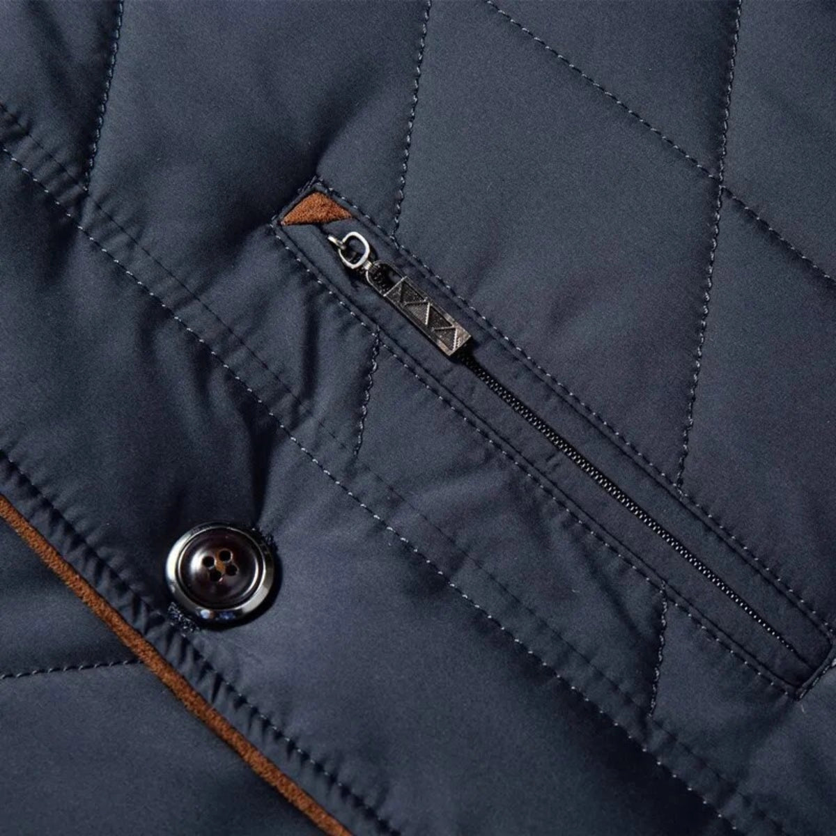 Men's Quilted Navy Blue Jacket with Brown Accents
 - ModishWorld