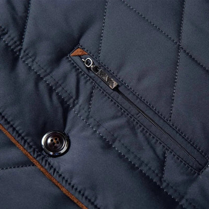 Men's Quilted Navy Blue Jacket with Brown Accents
 - ModishWorld