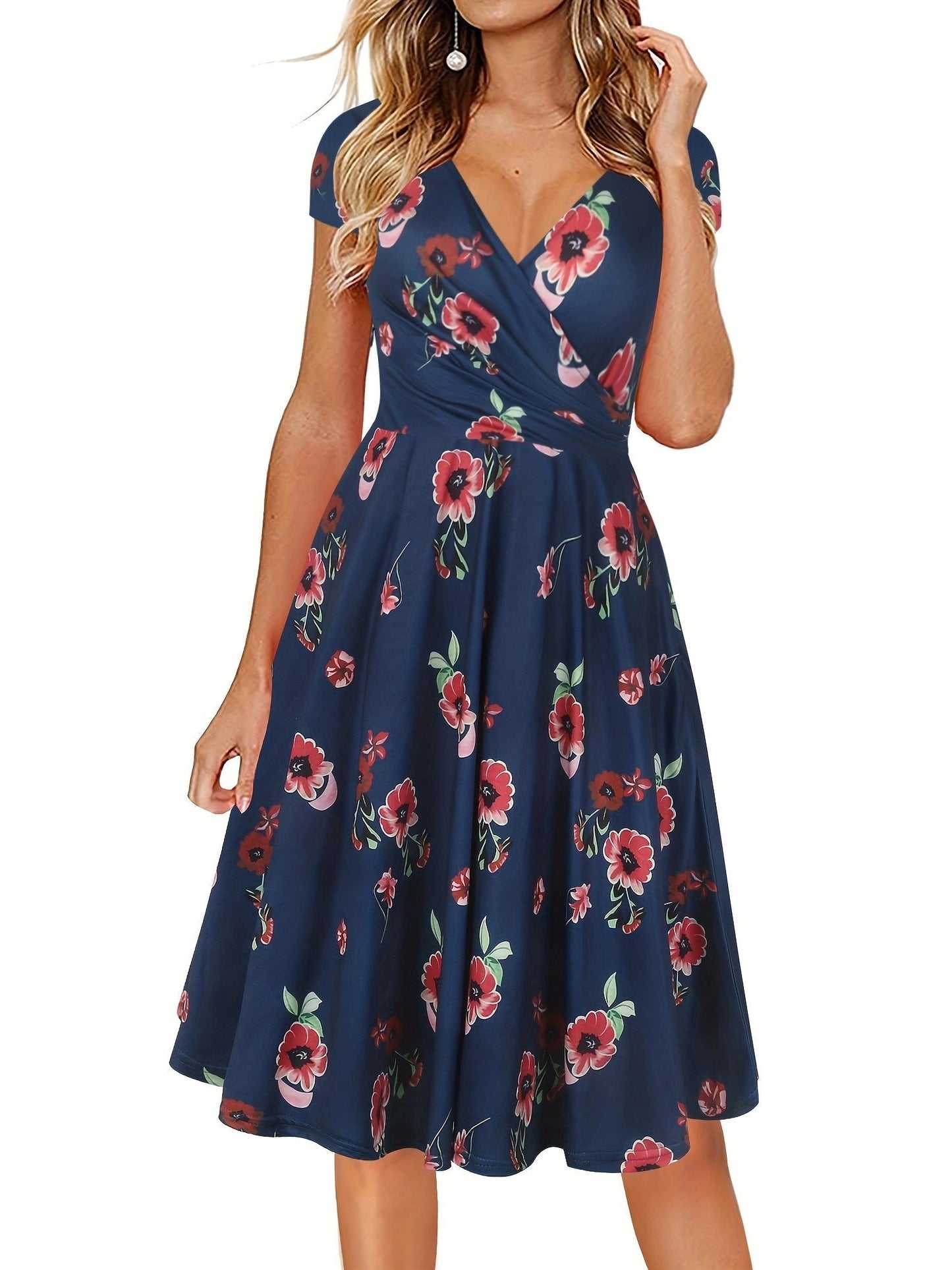Knee-length navy floral A-line dress with short sleeves and a V-neck.
 - ModishWorld