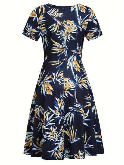 Women's Short Sleeve Navy Floral A-Line Summer Party Dress
 - ModishWorld