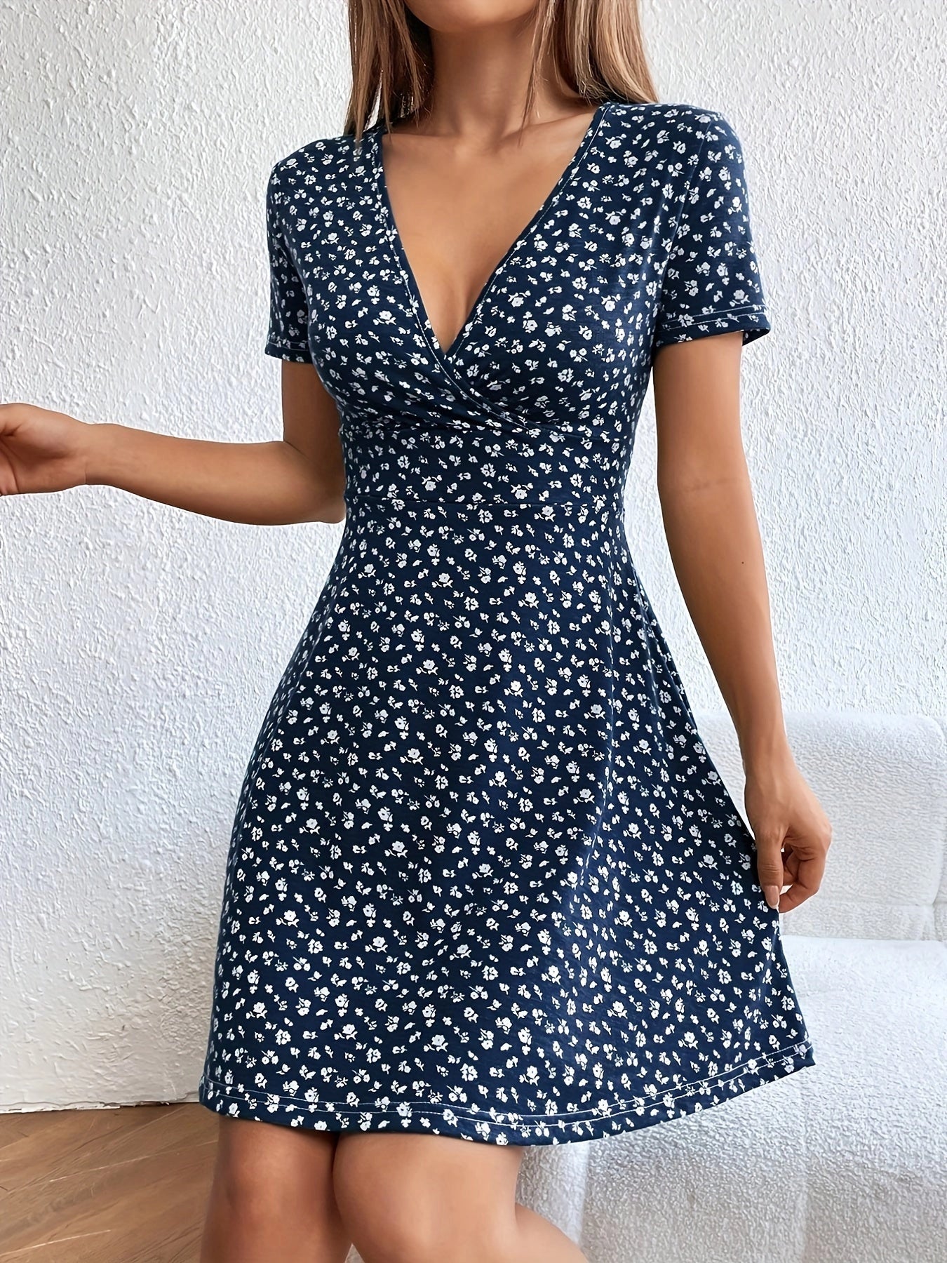 Women's Navy Floral Mini Skater Dress with V-Neck
 - ModishWorld