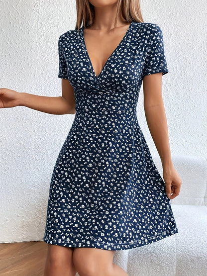 Women's Navy Floral Mini Skater Dress with V-Neck
 - ModishWorld