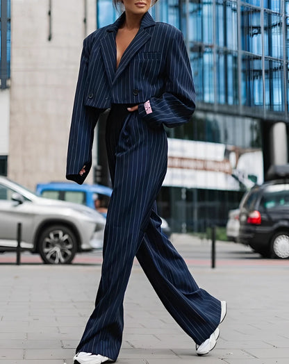 Women's Navy Pinstripe Suit: Wide-Leg Pants and Double-Breasted Jacket
 - ModishWorld