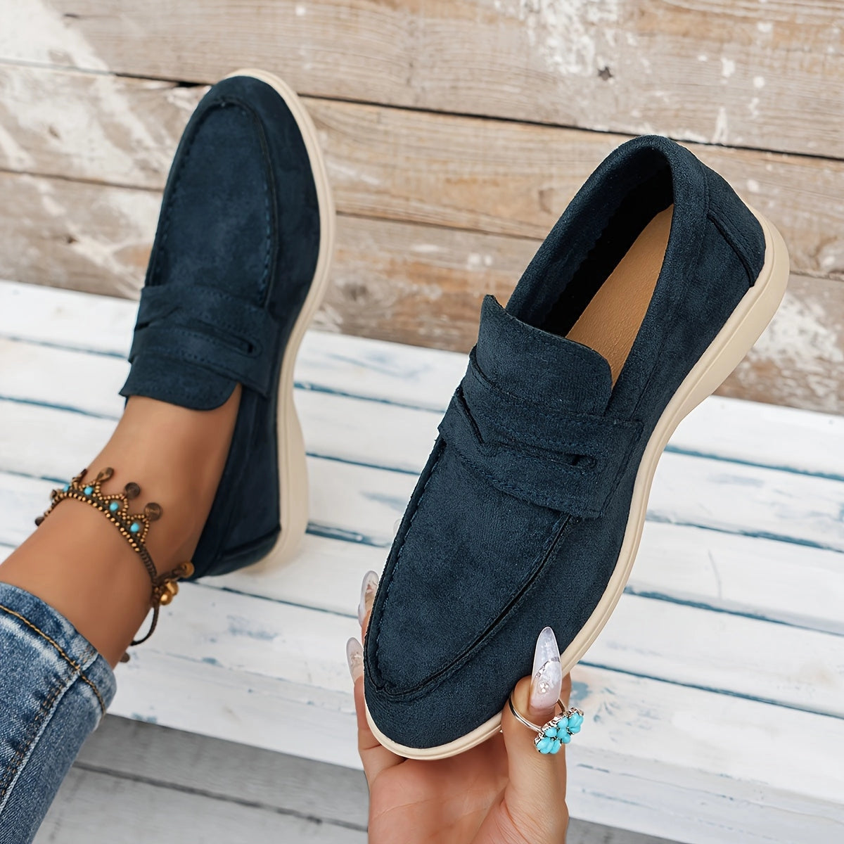 Stylish and Comfortable Women's Navy Suede Slip-On Loafers
 - ModishWorld