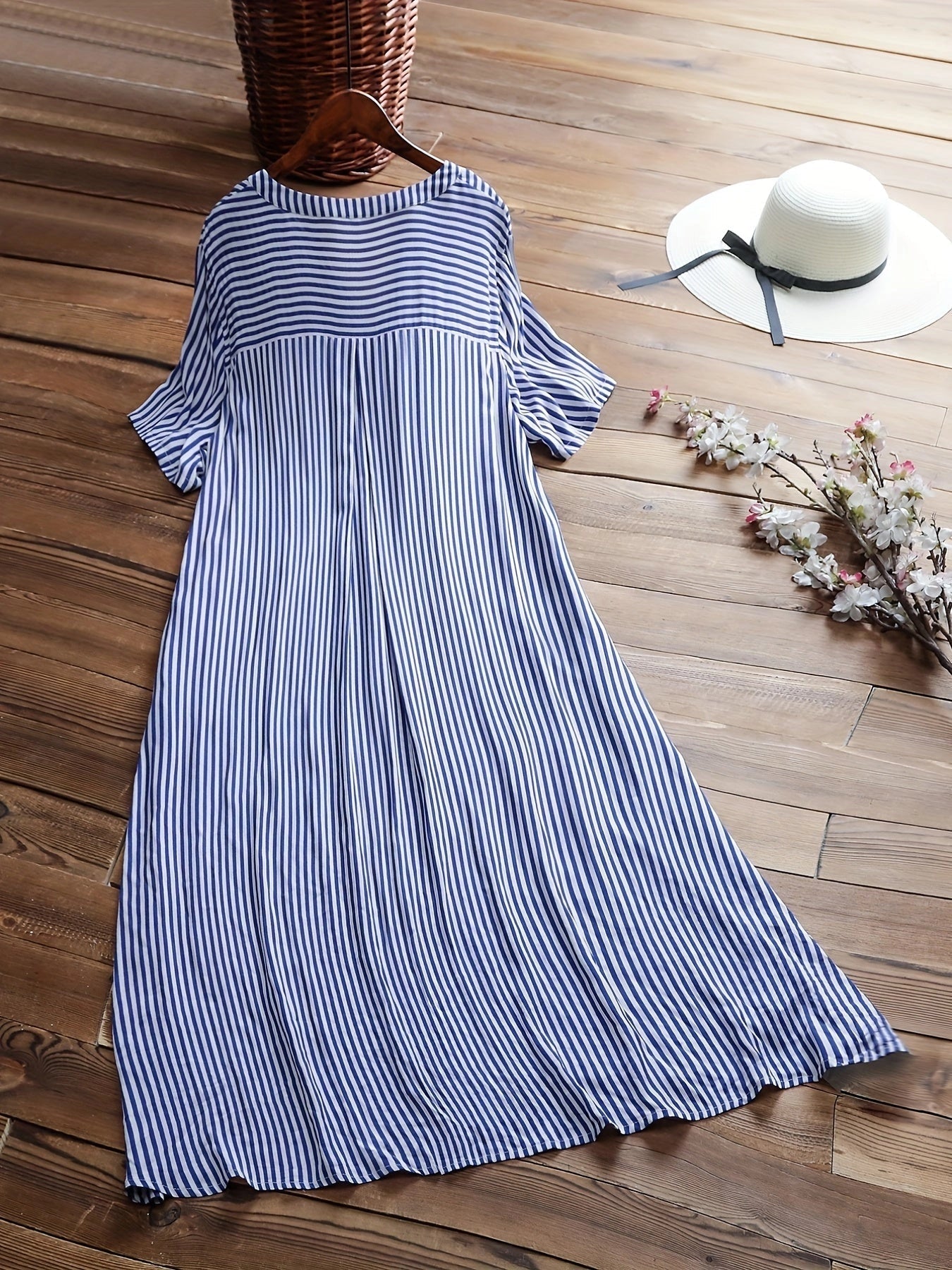 Casual Short-Sleeved Navy and White Striped A-Line Midi Summer Dress
 - ModishWorld