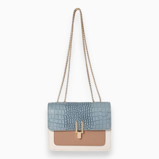 Blue and Beige Crocodile-Embossed Chain Strap Shoulder Bag
 - ModishWorld