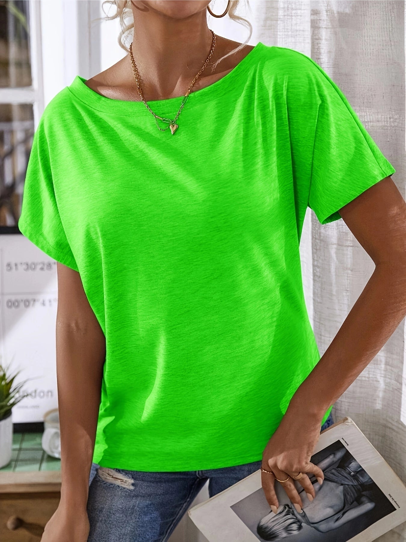 Women's Relaxed Neon Green Cotton T-Shirt, Short Sleeves
 - ModishWorld