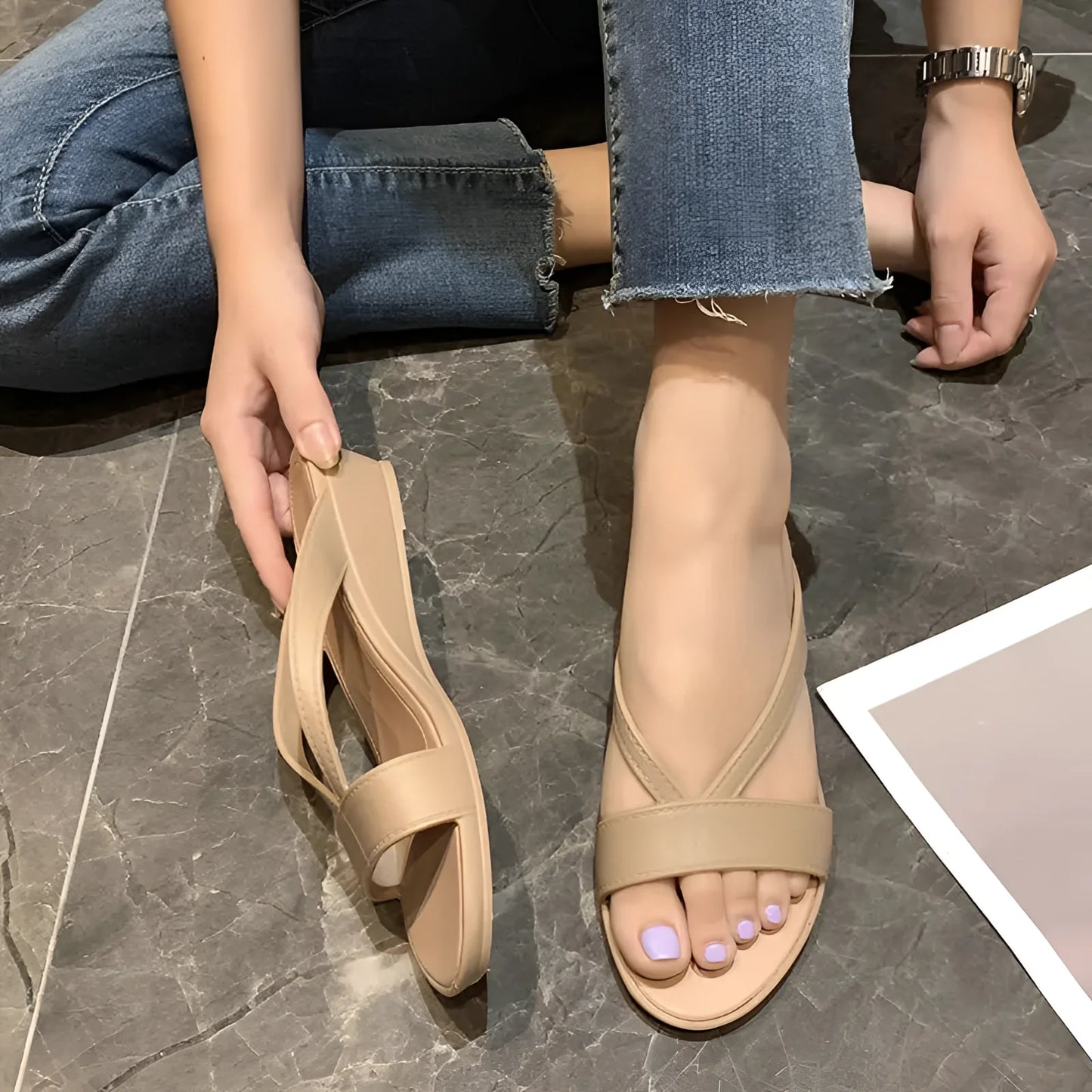 Elegant Beige Low Heel Strappy Summer Sandals for Women - Comfortable and Nude
 - ModishWorld