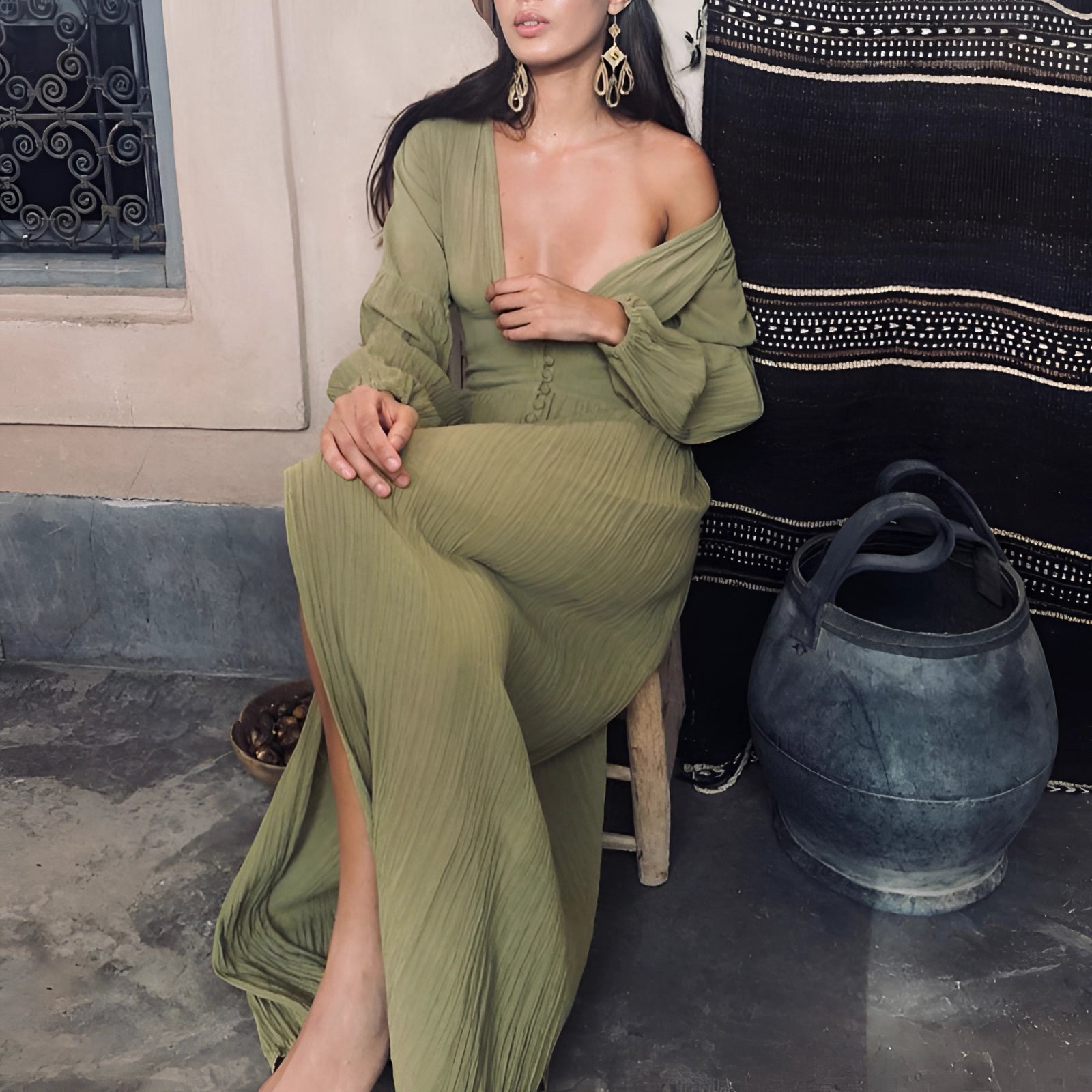 Women's Olive Green Off-the-Shoulder Pleated Long-Sleeve Jumpsuit
 - ModishWorld