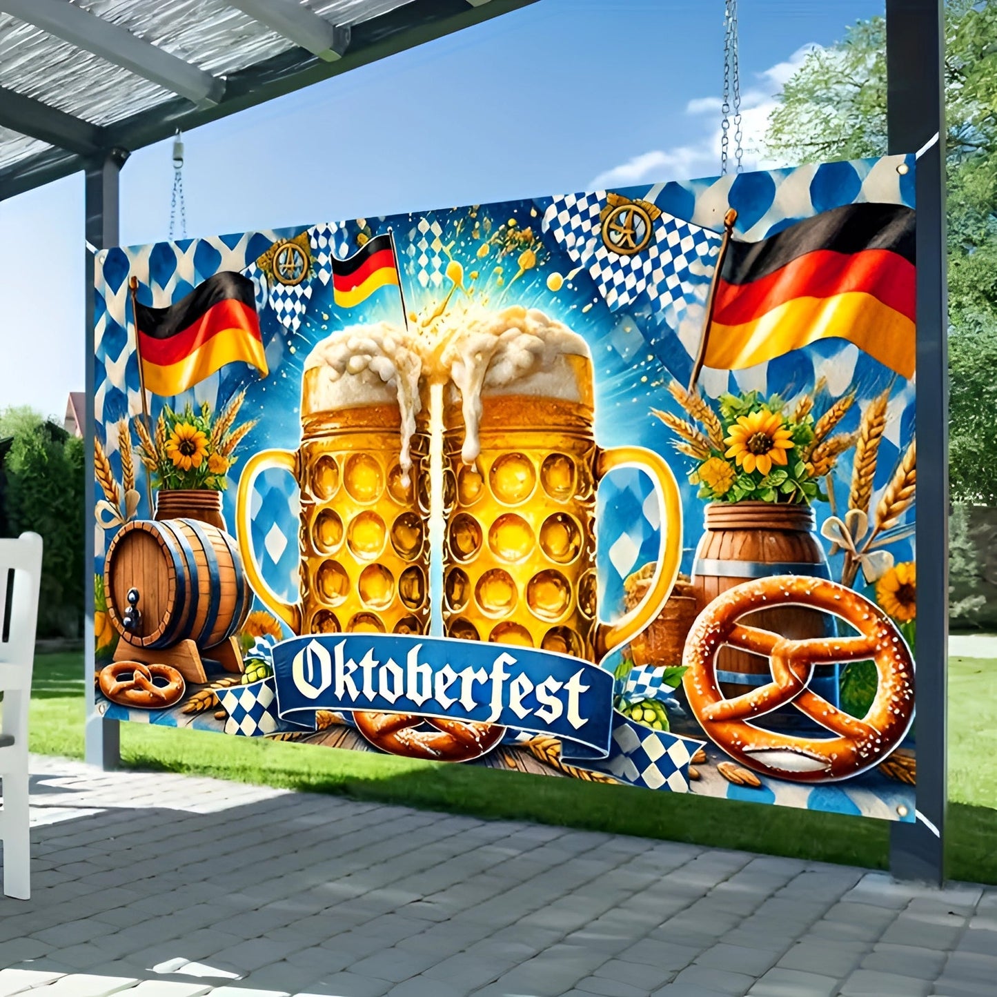 Bavarian Oktoberfest Banner: Beer Steins, Sunflowers, and Pretzels
 - ModishWorld