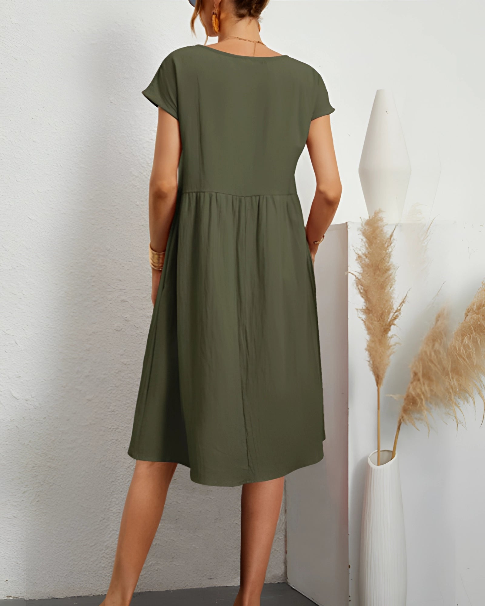 Women's Relaxed Cotton Blend Knee-Length Casual Summer Dress in Olive Green
 - ModishWorld