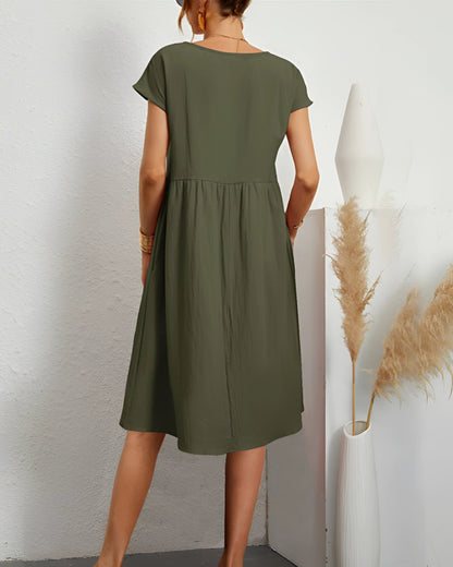 Women's Relaxed Cotton Blend Knee-Length Casual Summer Dress in Olive Green
 - ModishWorld