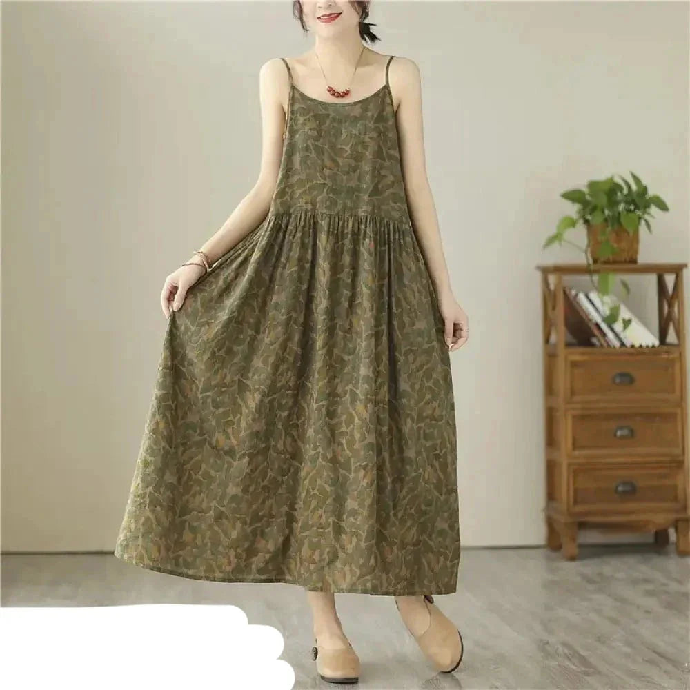 Women's Sleeveless Olive Green Linen A-Line Maxi Summer Dress
 - ModishWorld